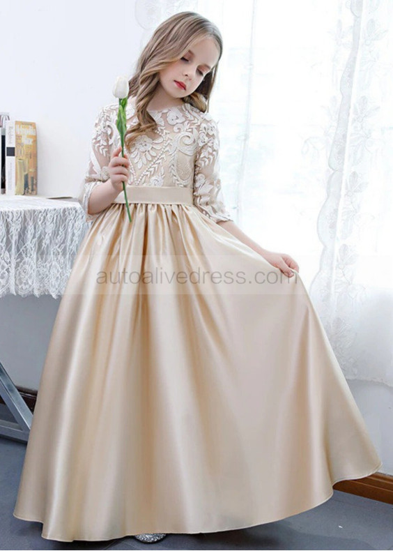 Champagne Lace Satin Chic Flower Girl Dress Champagne Lace Satin Chic Flower Girl Dress